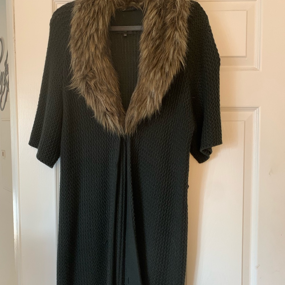 Jones New York Hunter Green Cardigan with detachable Brown Faux Fur Collar